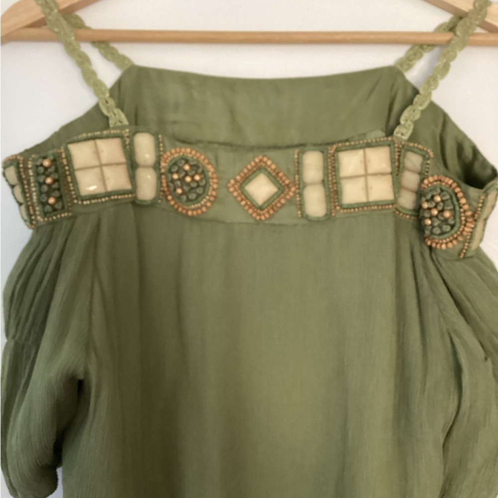 Vintage Style Gold Hawk Green Pleated Cold Shoulder Sundress S - Picture 7 of 11